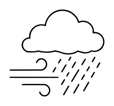 Hand-traced vector icon of a fluffy cloud with diagonal rain lines and curled wind currents, minimalist black line illustration for weather, forecast, and climate themed designs
