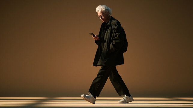 Senior Man Walking with Mobile Phone Against Warm Background