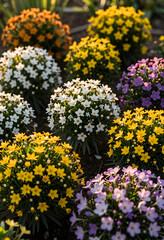 Obraz premium Colorful rain lily flowers in white, yellow, orange, and purple blooming in a garden bed with natural sunlight
