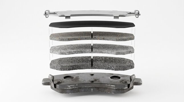 Exploded automotive brake pad with layered friction material isolated on white background for engineering, repair, manufacturing and vehicle maintenance concept