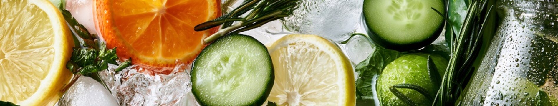 Refreshing Drink Close up banner of lemon, lime, orange, cucumber, mint and rosemary with ice and condensation on a glass bottle