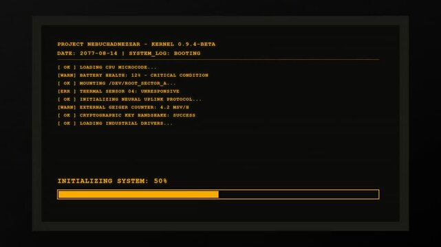 Retro Futuristic Cyberpunk Terminal Boot Sequence Interface with System Logs and Progress Bar Animation