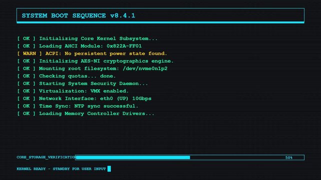 Retro Computer Terminal System Boot Sequence Screen with Loading Progress Bar and Technical Log Text
