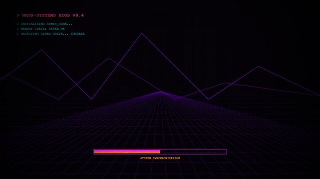 Retro 80s Synthwave Style Computer BIOS Loading Screen with Purple Neon Wireframe Grid Landscape