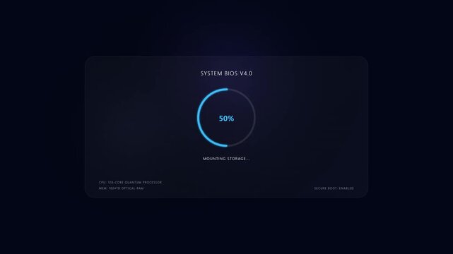 Futuristic HUD Interface Showing System BIOS Boot Sequence with Circular Loading Progress and Data
