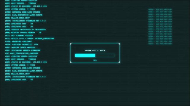 Abstract Futuristic Computer Terminal Interface with Scrolling Data Logs and System Verification HUD