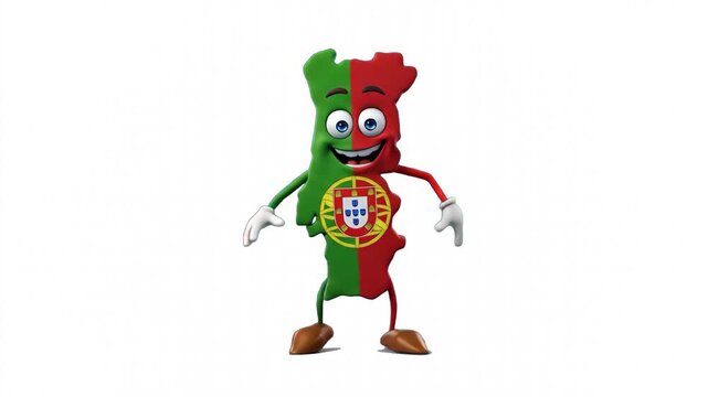 A friendly 3D animated mascot in the shape of the map of Portugal, decorated with the national flag and coat of arms, standing happily against a solid white studio background. Ideal for geography less