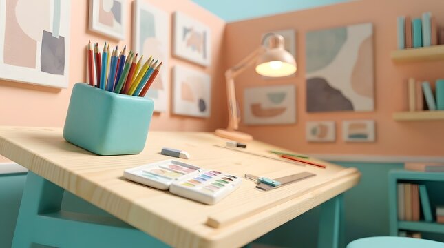 Creative artist desk setup with colored pencils watercolor paints and drafting table in pastel studio
