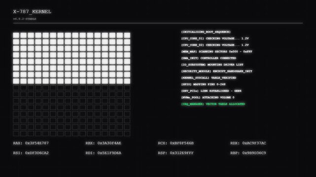 Futuristic Computer Kernel Boot Sequence Interface with Hex Data and System Loading Progress Bar