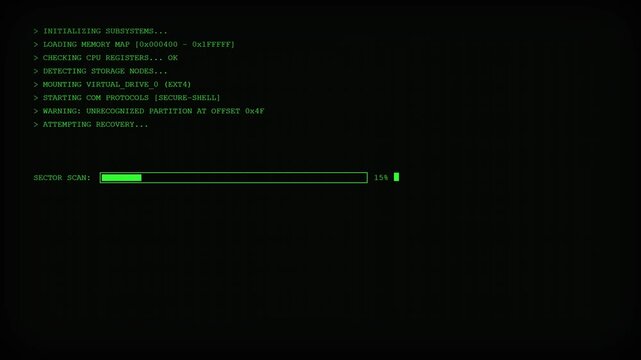 Retro Green Terminal Screen Booting Up System Diagnostics and Progress Bar Loading for Cyber Interface