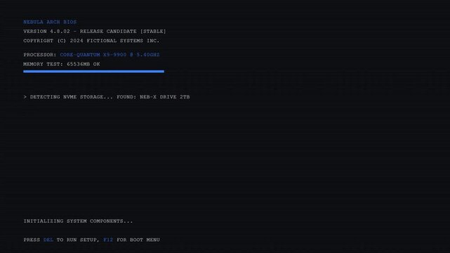 Retro Style Computer BIOS Boot Up Sequence Animation with Terminal Text and System Hardware Check