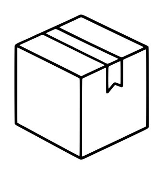 Hand-drawn isometric vector illustration of a sealed cardboard shipping box with packing tape strip on top, outlined minimalist parcel icon for delivery and logistics concepts
