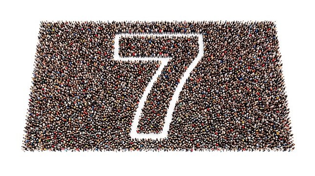 Large crowd of miniature people forming number seven