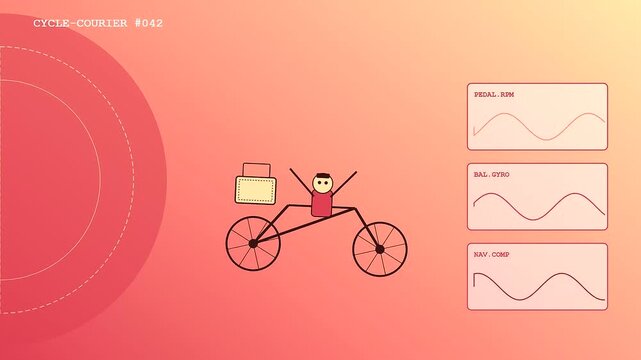 Minimalist delivery droids are shown riding stylized bicycles across a vibrant gradient interface featuring live cycling telemetry data visualizations displayed on the screen side panels