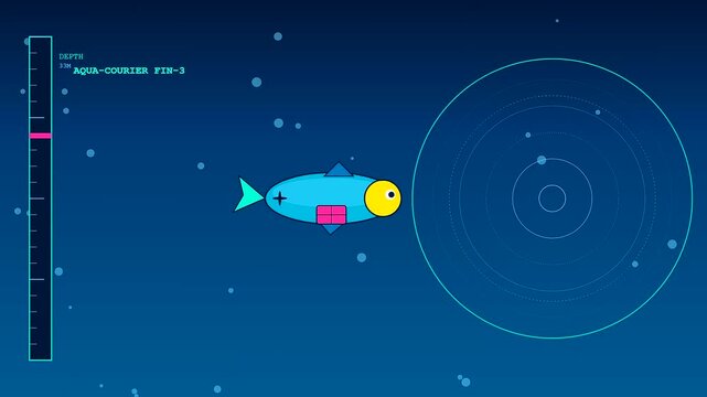 A mechanical fish functioning as delivery droids navigates through the deep ocean depths while sonar rings expand outward within this digital simulation of underwater exploration