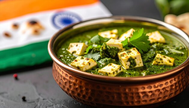 Palak Paneer Indian spinach curry with cottage cheese in copper bowl with flag background