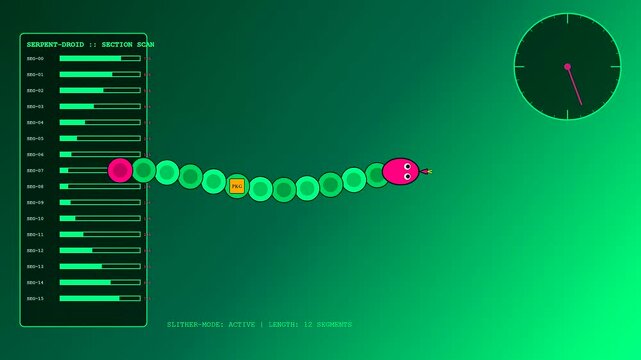 A mechanical serpent droid representing delivery droids moves across a green interface grid as the clock hand advances through sequential frames of motion capturing digital activity