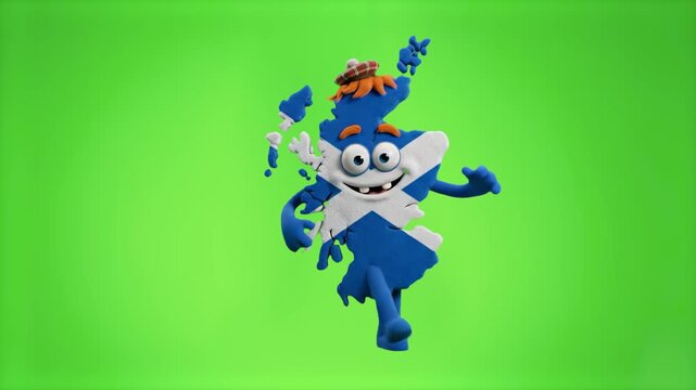 A happy 3D Scotland map mascot styled with the blue and white flag and traditional hat dancing on a vivid green background. Great for Scottish travel videos, cultural promotions, educational content, 