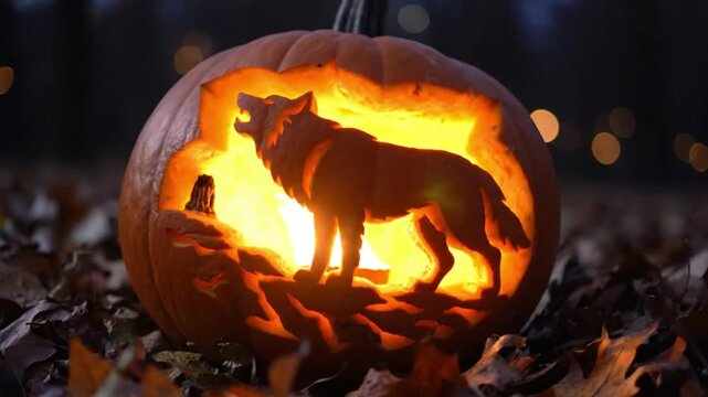 Glowing wolf silhouette carved into Halloween pumpkin on autumn leaves