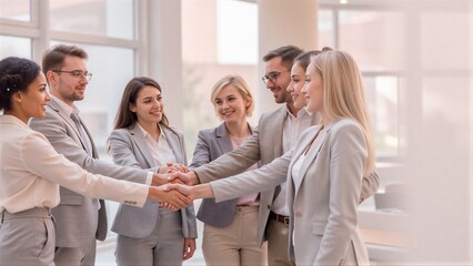 Fototapeta premium Diverse professionals shake hands in a bright office, symbolizing teamwork and collaboration.