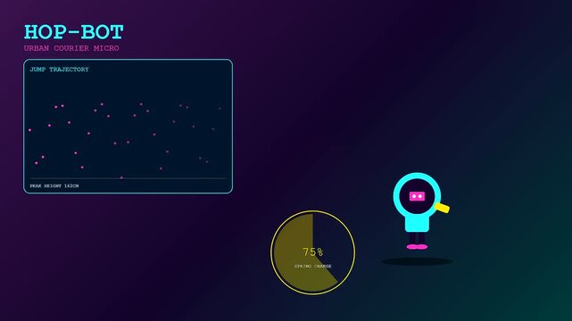 Delivery droids display varying jump trajectory metrics on screen as a small circular indicator slowly charges up to represent battery levels for mobile automated courier logistics