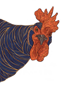
A stylized illustration of a rooster's head and neck, featuring a blue body with gold line patterns and a vibrant orange-red head with intricate line work