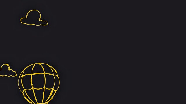 A gold-colored, chalk-style animation featuring a hot air balloon rising past hand-drawn clouds against a dark background, with empty space beside it.
