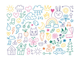 Fototapeta premium Whimsical Doodle Collection: A vibrant assortment of playful hand-drawn doodles, featuring whimsical characters, whimsical elements, and whimsical motifs.