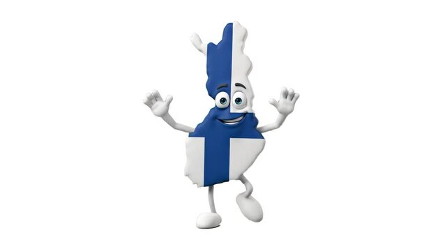 A detailed 3D model of the Finland map shape as a happy animated character with the blue cross Finnish flag pattern waving both hands, isolated against a solid white studio backdrop. Designed for Finn