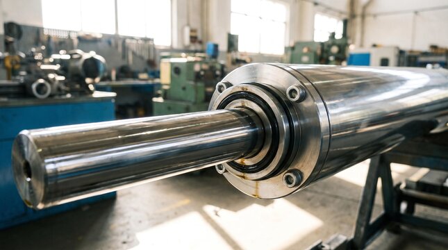 Close-up of a pneumatic cylinder piston rod in an industrial workshop, highlighting precision engineering.