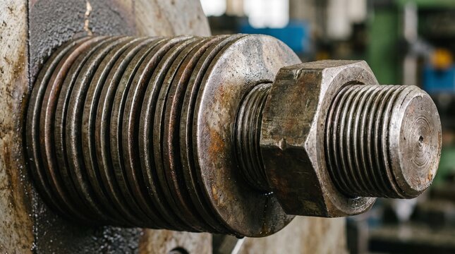 Close-up of a weathered, rusty industrial bolt and nut on heavy machinery