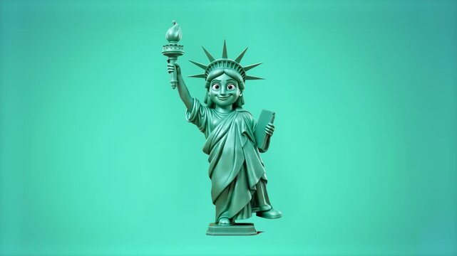 A detailed 3D model of the Statue of Liberty stylized character holding the torch and tablet, set against a solid green studio backdrop. Perfect for American independence day promos, New York tourism 
