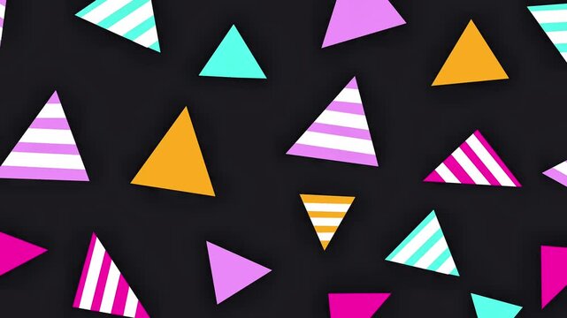 Vibrant 2D animation featuring multi-colored solid and striped triangles floating against a dark backdrop. Ideal for retro or party-themed motion graphics.