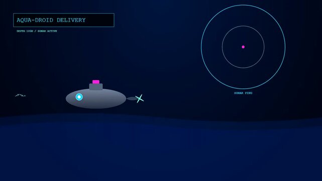 Delivery droids navigate through a dark oceanic environment while displaying sonar signal pulses on a glowing digital heads up display tracking the submarine movement across water