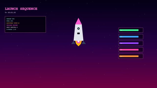 Digital launch animation showing delivery droids ascending in stages with telemetry data tracking altitude and fuel status on a purple gradient space themed UI interface