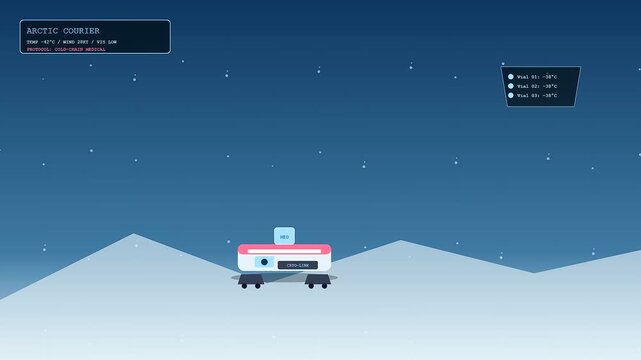 Autonomous delivery droids navigate across a desolate frozen landscape while automated sensors display internal climate readings against a dark blue evening sky with falling snow