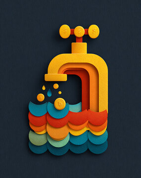Paper-cut style illustration of a faucet dripping water into stacked coins, savings concept (front view on dark background)