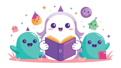 Fototapeta premium Editorial happy little monster characters reading vector illustration with monsters characters learning education children celebration colorful imagination vector illustration
