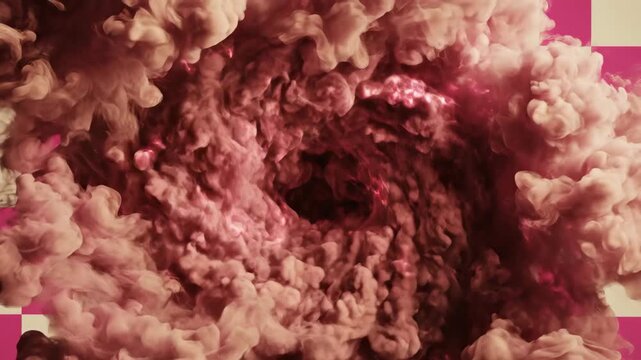 Acid Pink and Vanilla Smoke Swirling in a Continuous Vortex Over a Checkered Background with Deep Subsurface Bleed Lighting