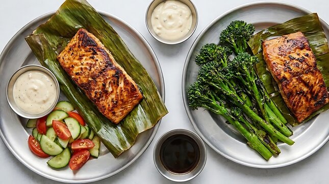 Flame-keto street food served on banana leaves with grilled salmon, broccolini, and fresh cucumber tomato salad in a top-down view gourmet presentation