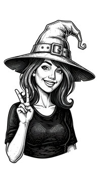 Witch Hat Woman Peace Sign Gesture Illustration Style Isolated Transparent