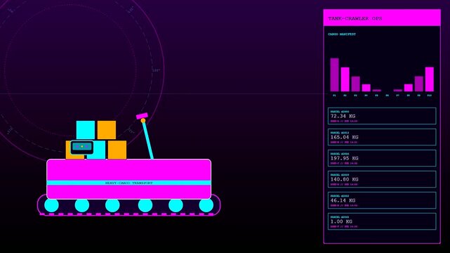 Neon purple display showing delivery droids moving along a virtual track while cargo data manifest panels update continuously in this modern industrial logistics system animation