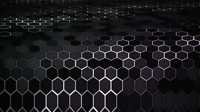 Animated hexagon grid background with glowing white outlines creating a futuristic digital technology pattern, abstract geometric surface for modern design and data visualization.