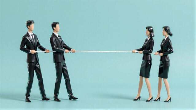 Two teams in suits pull a rope, symbolizing business competition or teamwork.