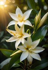 Obraz premium White lily flowers blooming in a garden with green leaves and Warm sunlight, nature and growth