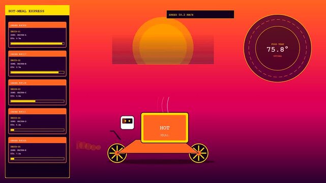 Futuristic delivery droids travel across a vibrant digital landscape while displaying real time thermal statistics and tracking multiple orders on a sleek glowing interface screen