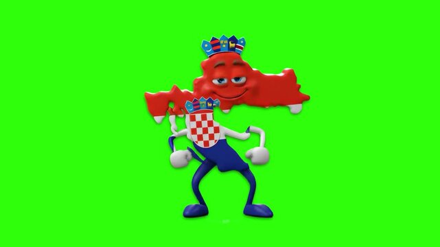 A cartoon mascot shaped like the map of Croatia featuring its coat of arms and flag, dancing on a chroma key green background. Great for travel promotions, geography lessons, and video editing assets.