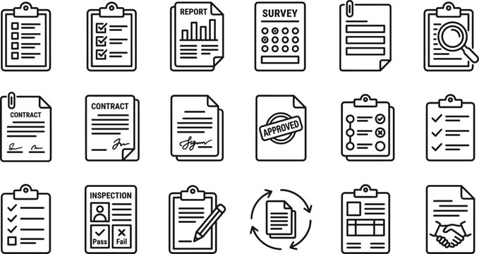 Business document and clipboard outline icon set with editable vector symbols for reports contracts surveys inspections checklists office workflow and documentation