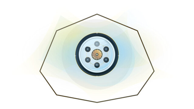 Futuristic circular dashboard console with glowing gold and dark panels on white