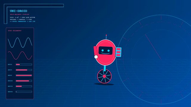 Delivery droids moving across a digital interface with graphs and telemetry readings showing balance statistics in a simulated environment of circular motion and data monitoring
